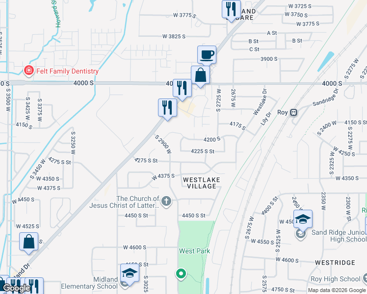 map of restaurants, bars, coffee shops, grocery stores, and more near 4222 South 2850 West in Roy