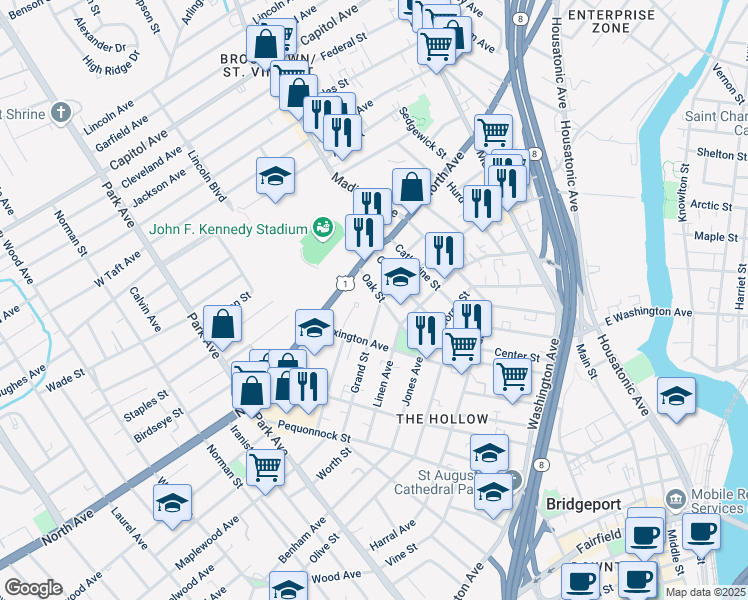 map of restaurants, bars, coffee shops, grocery stores, and more near 226 Oak Street in Bridgeport