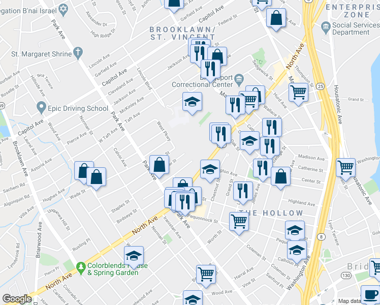 map of restaurants, bars, coffee shops, grocery stores, and more near 3 Herkimer Street in Bridgeport