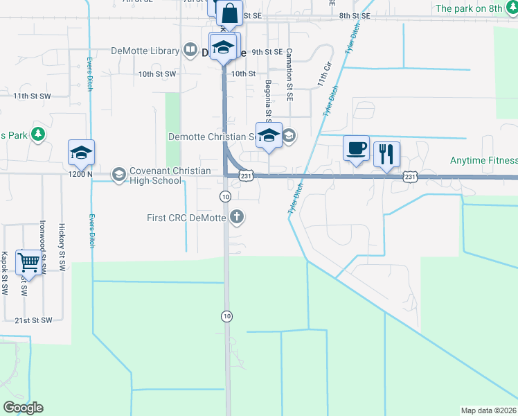 map of restaurants, bars, coffee shops, grocery stores, and more near 205 16th Street Southeast in De Motte