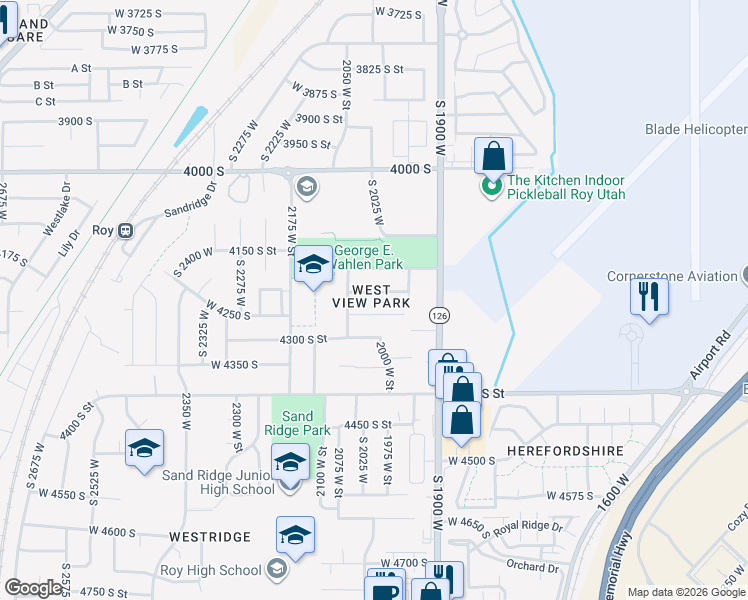 map of restaurants, bars, coffee shops, grocery stores, and more near 2040 4225 South Street in Roy