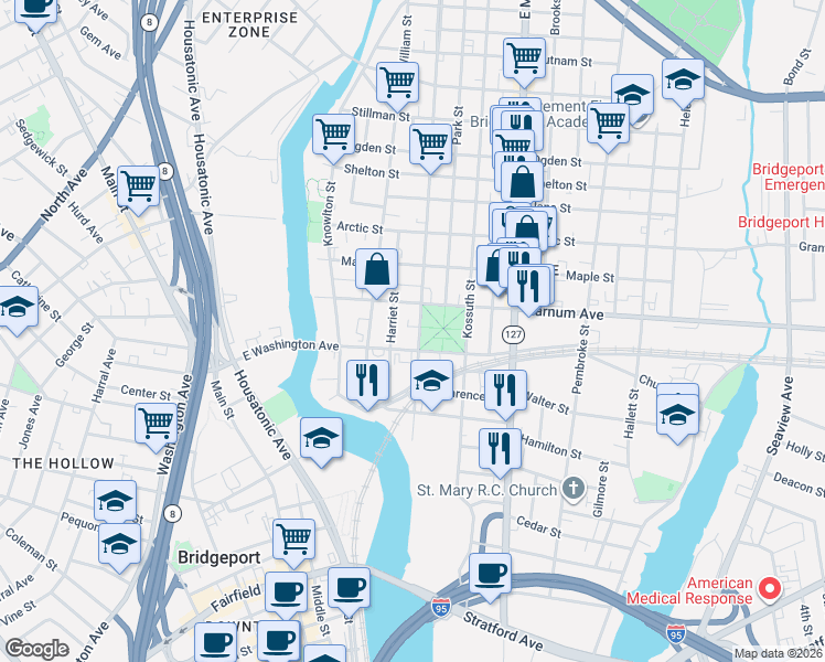 map of restaurants, bars, coffee shops, grocery stores, and more near 387 Noble Avenue in Bridgeport