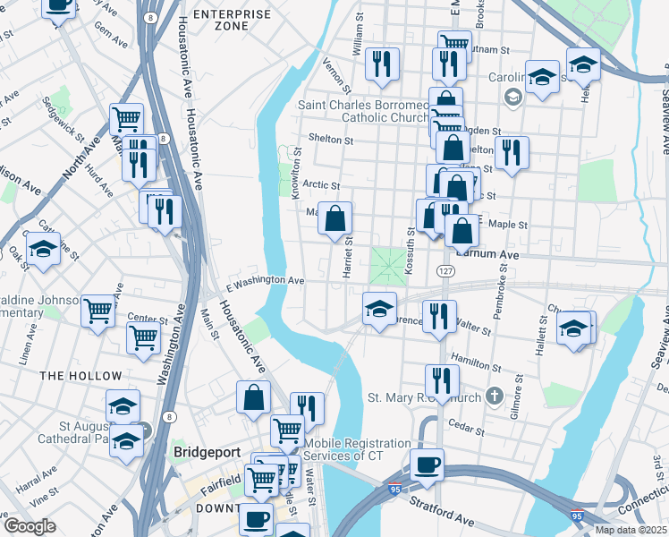 map of restaurants, bars, coffee shops, grocery stores, and more near 179 William Street in Bridgeport