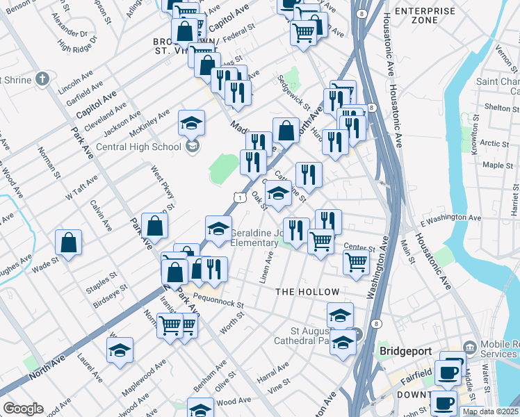 map of restaurants, bars, coffee shops, grocery stores, and more near 226 Oak Street in Bridgeport