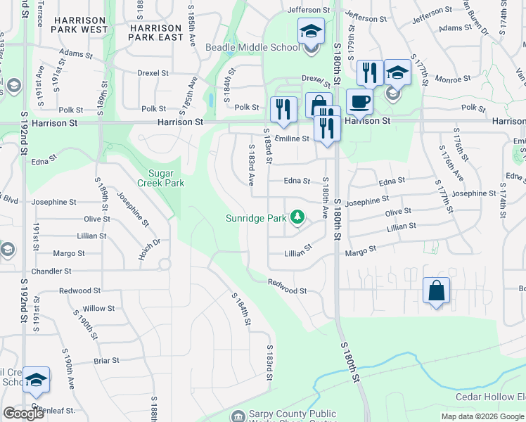 map of restaurants, bars, coffee shops, grocery stores, and more near 7302 South 183rd Street in Omaha