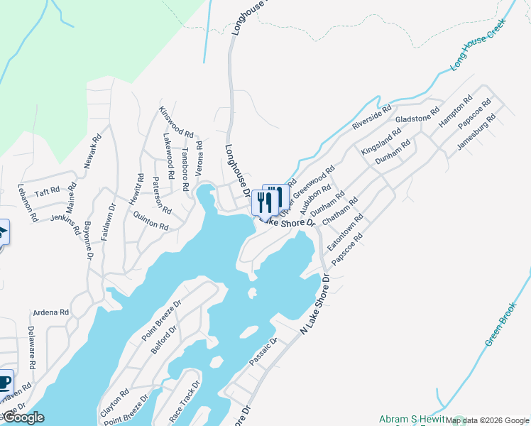 map of restaurants, bars, coffee shops, grocery stores, and more near 3 Riverside Road in West Milford