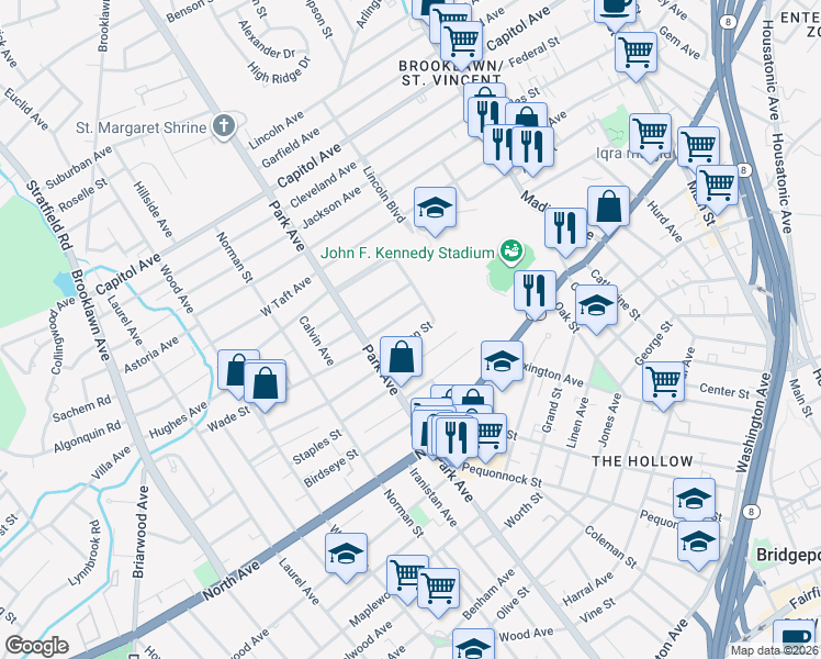 map of restaurants, bars, coffee shops, grocery stores, and more near 100 Chalmers Avenue in Bridgeport