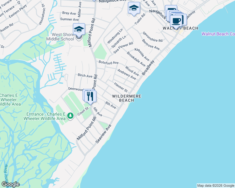 map of restaurants, bars, coffee shops, grocery stores, and more near 30 Grant Street in Milford