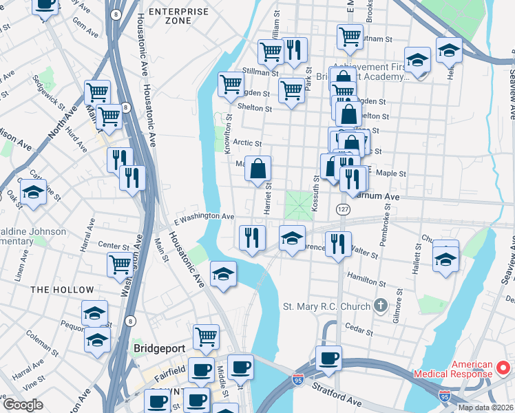 map of restaurants, bars, coffee shops, grocery stores, and more near 179 William Street in Bridgeport