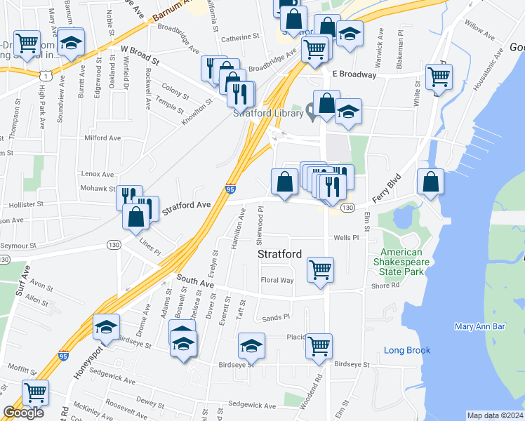 map of restaurants, bars, coffee shops, grocery stores, and more near 498 Sherwood Place in Stratford