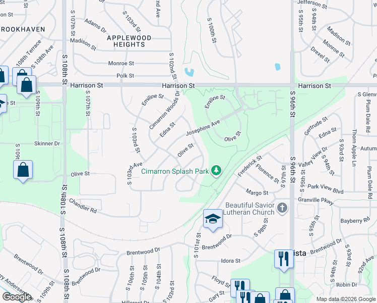 map of restaurants, bars, coffee shops, grocery stores, and more near 10130 Olive Street in La Vista