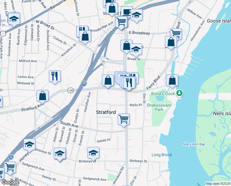map of restaurants, bars, coffee shops, grocery stores, and more near 1111 Stratford Avenue in Stratford