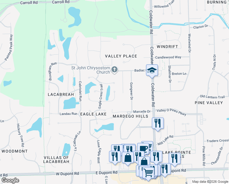 map of restaurants, bars, coffee shops, grocery stores, and more near 599 Troon Way in Fort Wayne