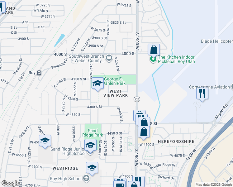 map of restaurants, bars, coffee shops, grocery stores, and more near 2040 4225 South Street in Roy