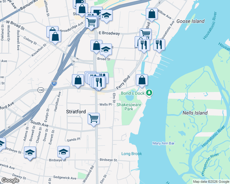 map of restaurants, bars, coffee shops, grocery stores, and more near 1925 Elm Street in Stratford