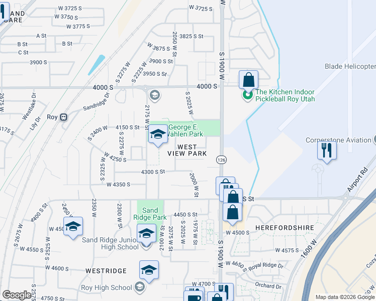 map of restaurants, bars, coffee shops, grocery stores, and more near 2015 4225 South Street in Roy