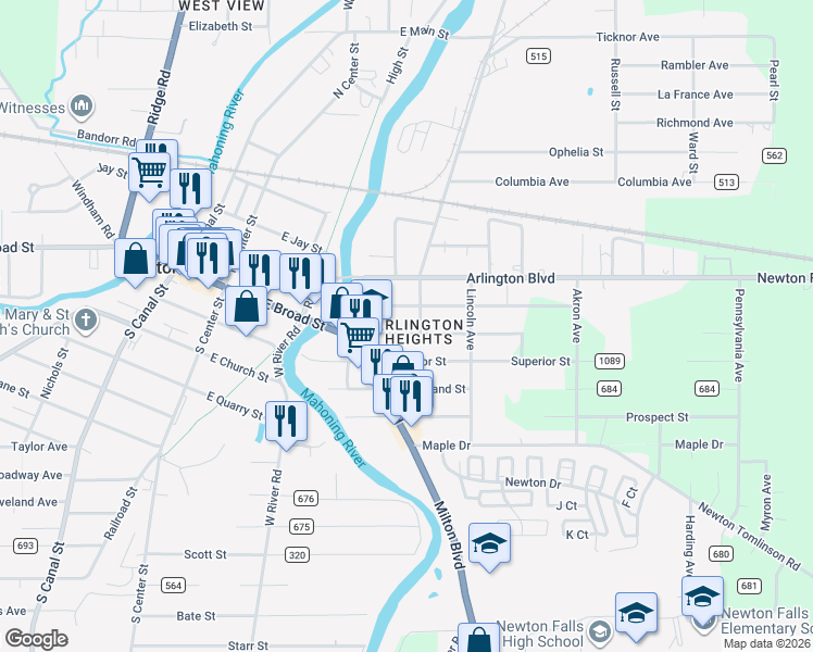 map of restaurants, bars, coffee shops, grocery stores, and more near 252 Oak Knoll Street in Newton Falls