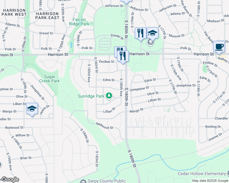 map of restaurants, bars, coffee shops, grocery stores, and more near 18012 Josephine Street in Omaha