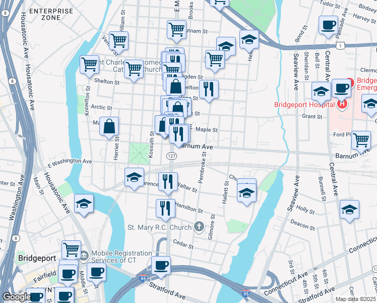 map of restaurants, bars, coffee shops, grocery stores, and more near 524 Barnum Avenue in Bridgeport