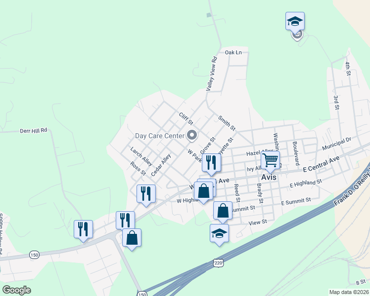 map of restaurants, bars, coffee shops, grocery stores, and more near 207 Prospect Avenue in Avis