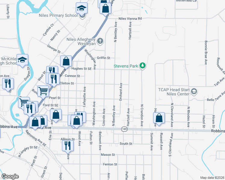 map of restaurants, bars, coffee shops, grocery stores, and more near 423 North Bentley Avenue in Niles