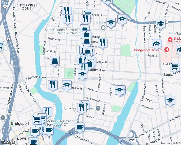 map of restaurants, bars, coffee shops, grocery stores, and more near in Bridgeport