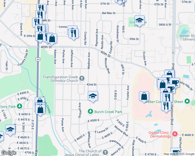 map of restaurants, bars, coffee shops, grocery stores, and more near 750 Liberty Avenue in South Ogden