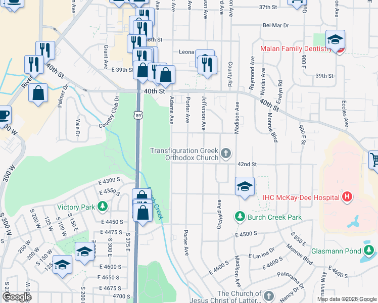map of restaurants, bars, coffee shops, grocery stores, and more near 4151 Porter Avenue in Ogden