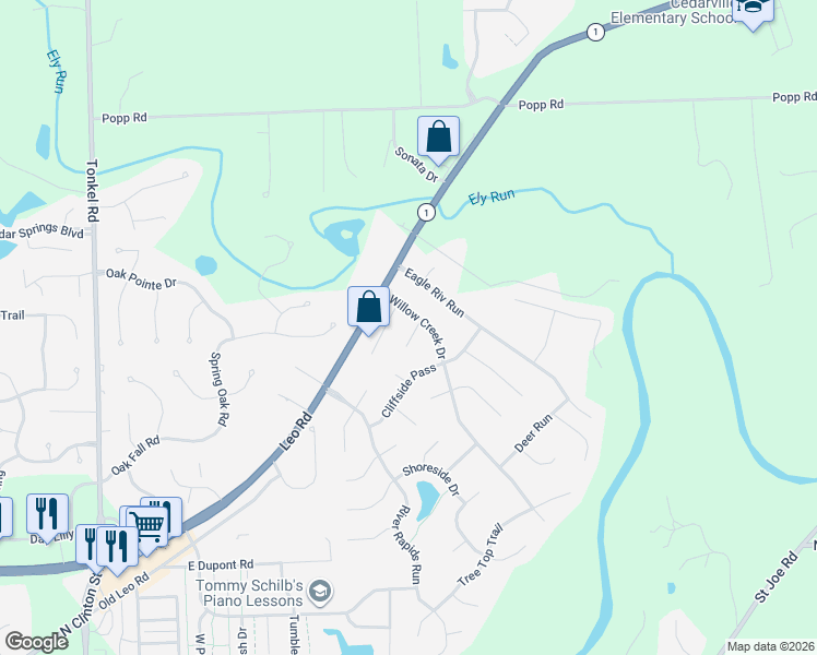 map of restaurants, bars, coffee shops, grocery stores, and more near 11127 Willow Creek Drive in Fort Wayne