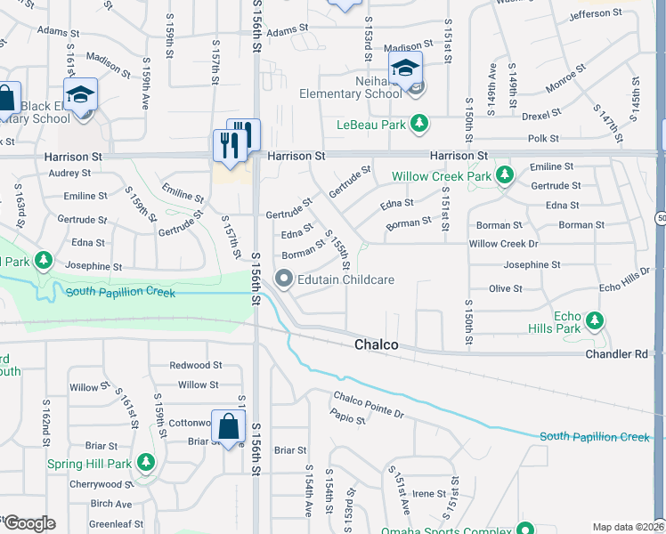 map of restaurants, bars, coffee shops, grocery stores, and more near 7304 South 155th Street in Omaha
