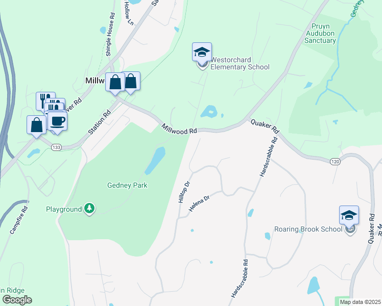 map of restaurants, bars, coffee shops, grocery stores, and more near 7 Hilltop Circle in Chappaqua