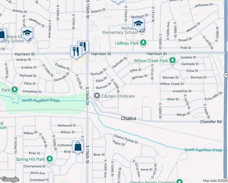 map of restaurants, bars, coffee shops, grocery stores, and more near 7304 South 155th Street in Omaha