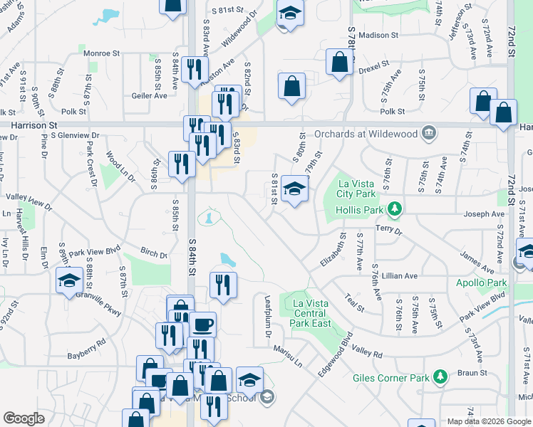 map of restaurants, bars, coffee shops, grocery stores, and more near 7312 South 81st Street in La Vista