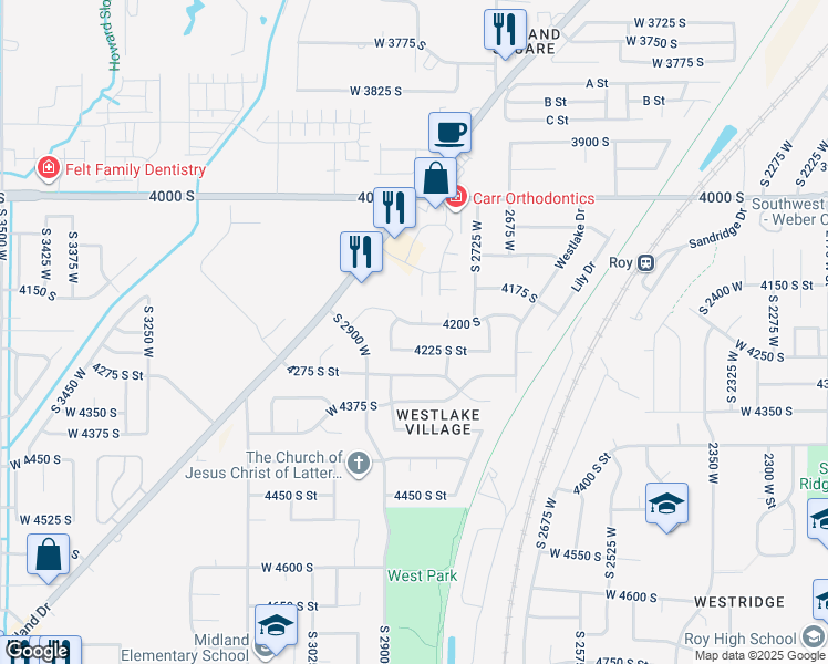 map of restaurants, bars, coffee shops, grocery stores, and more near 2835 4200 South in Roy