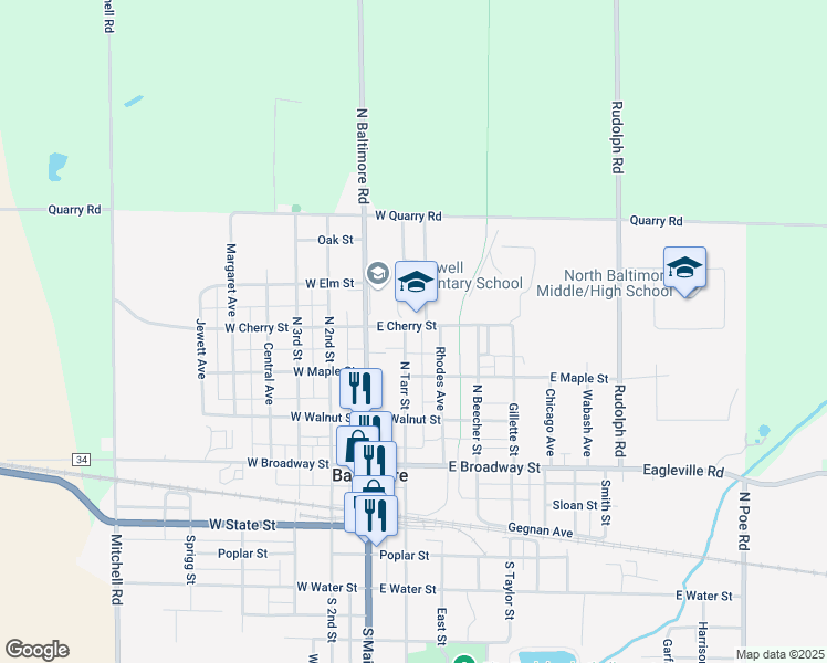 map of restaurants, bars, coffee shops, grocery stores, and more near 500 Eastview Drive in North Baltimore