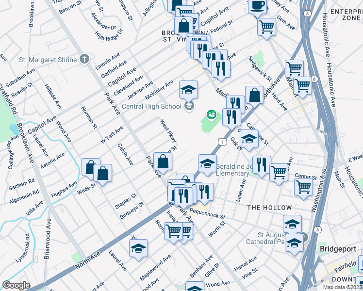 map of restaurants, bars, coffee shops, grocery stores, and more near 159 East Eaton Street in Bridgeport