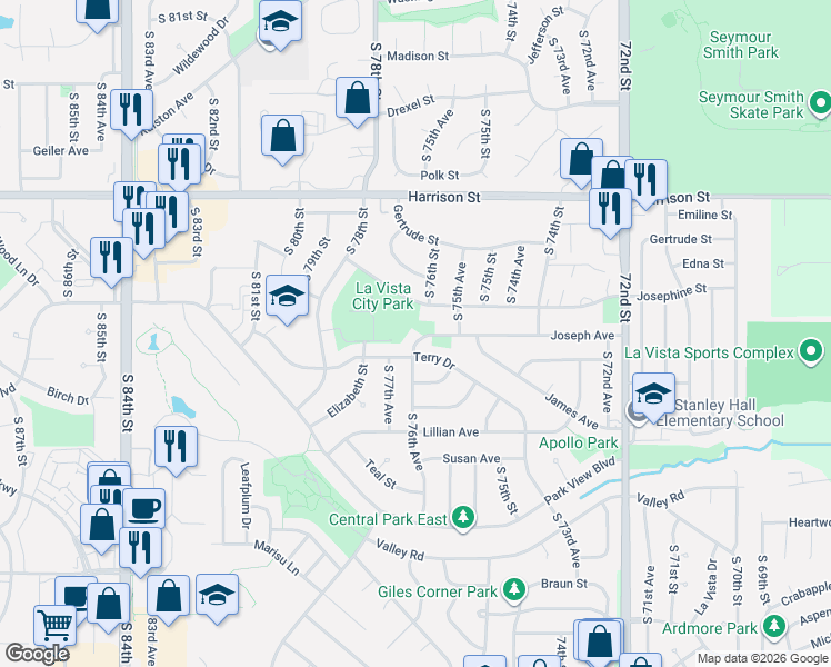 map of restaurants, bars, coffee shops, grocery stores, and more near 7538 Joseph Avenue in La Vista