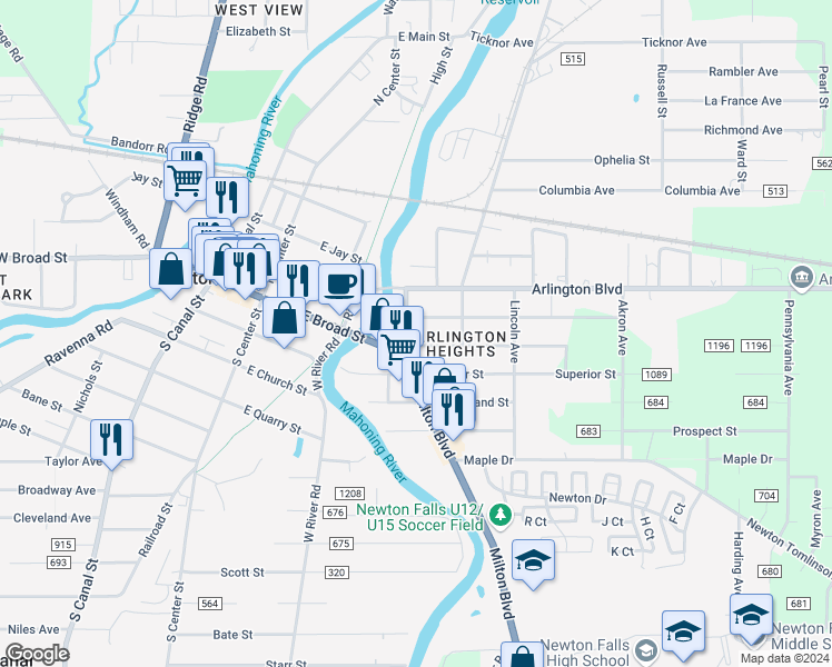 map of restaurants, bars, coffee shops, grocery stores, and more near 215 East Broad Street in Newton Falls