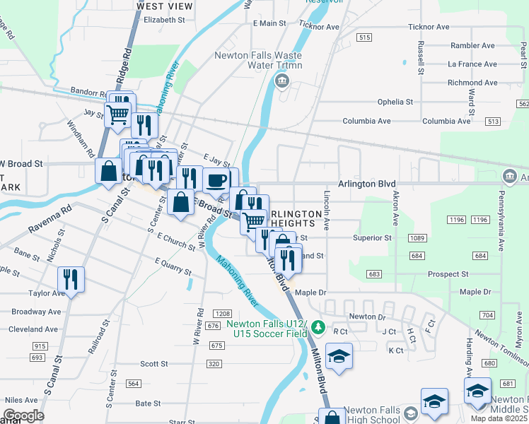 map of restaurants, bars, coffee shops, grocery stores, and more near 215 East Broad Street in Newton Falls