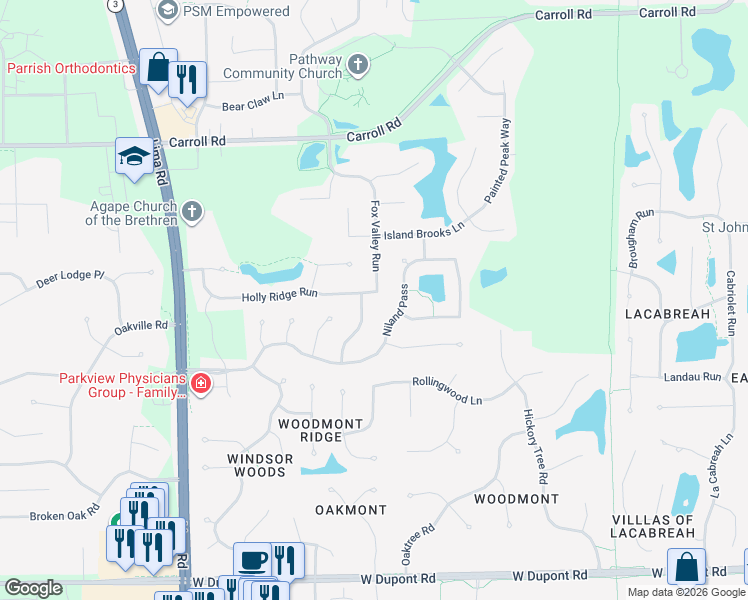 map of restaurants, bars, coffee shops, grocery stores, and more near 1109 Holly Ridge Run in Fort Wayne