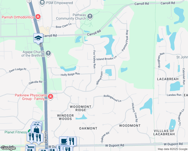 map of restaurants, bars, coffee shops, grocery stores, and more near 1109 Holly Ridge Run in Fort Wayne