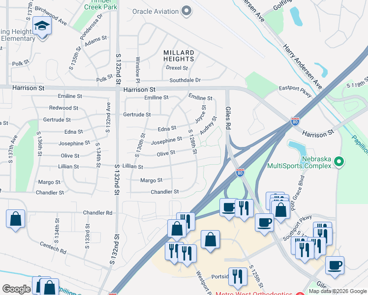 map of restaurants, bars, coffee shops, grocery stores, and more near 12819 Josephine Street in Omaha