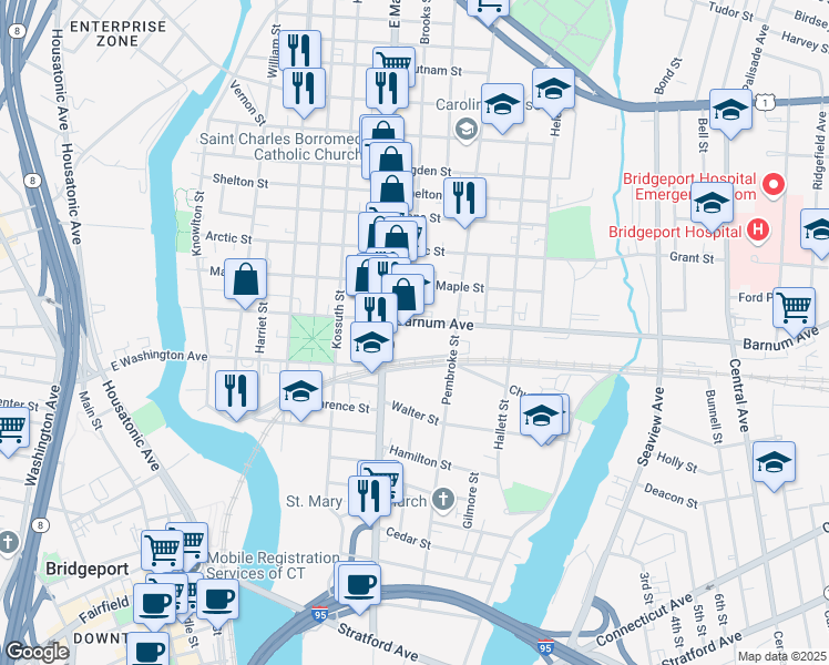 map of restaurants, bars, coffee shops, grocery stores, and more near 510 Barnum Avenue in Bridgeport