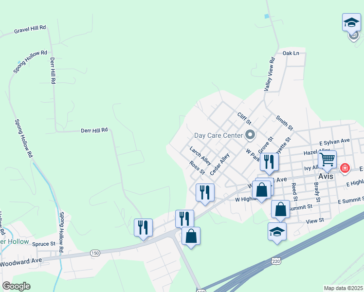 map of restaurants, bars, coffee shops, grocery stores, and more near 416 West Martin Street in Avis