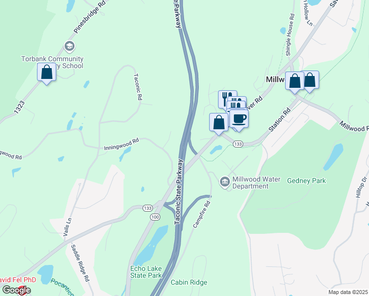 map of restaurants, bars, coffee shops, grocery stores, and more near Taconic State Parkway in Millwood