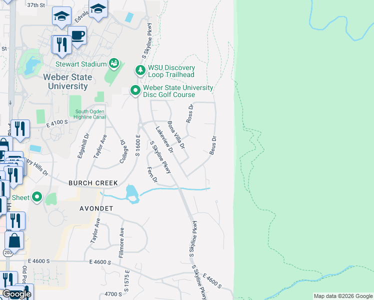 map of restaurants, bars, coffee shops, grocery stores, and more near 4173 Bona Villa Drive in Ogden