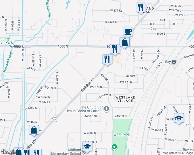 map of restaurants, bars, coffee shops, grocery stores, and more near 4204 Midland Drive in Roy