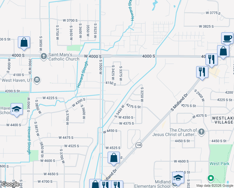 map of restaurants, bars, coffee shops, grocery stores, and more near 3401 West 4150 South in West Haven