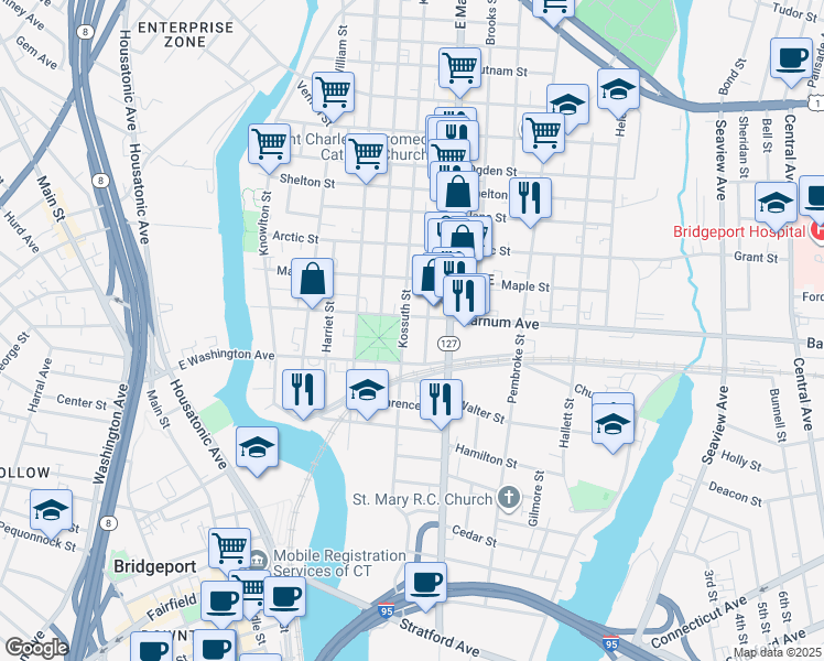 map of restaurants, bars, coffee shops, grocery stores, and more near 378 Barnum Avenue in Bridgeport