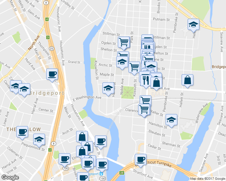 map of restaurants, bars, coffee shops, grocery stores, and more near 387 Noble Avenue in Bridgeport